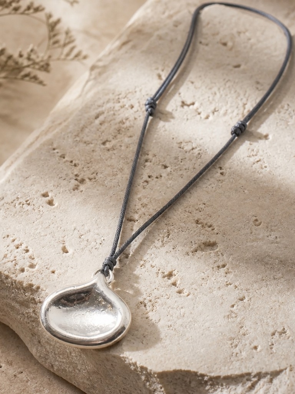 Sterling-Style Silver Teardrop Pendant Necklace - Gray Cord